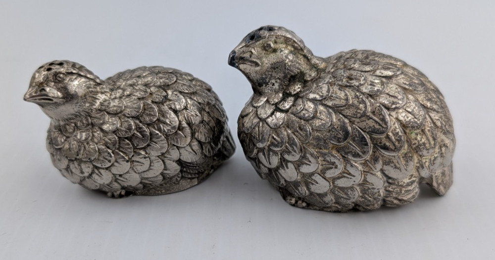 MCM Nesting Quail Salt And Pepper Shakers Metal Birds Silver Tone - AS IS